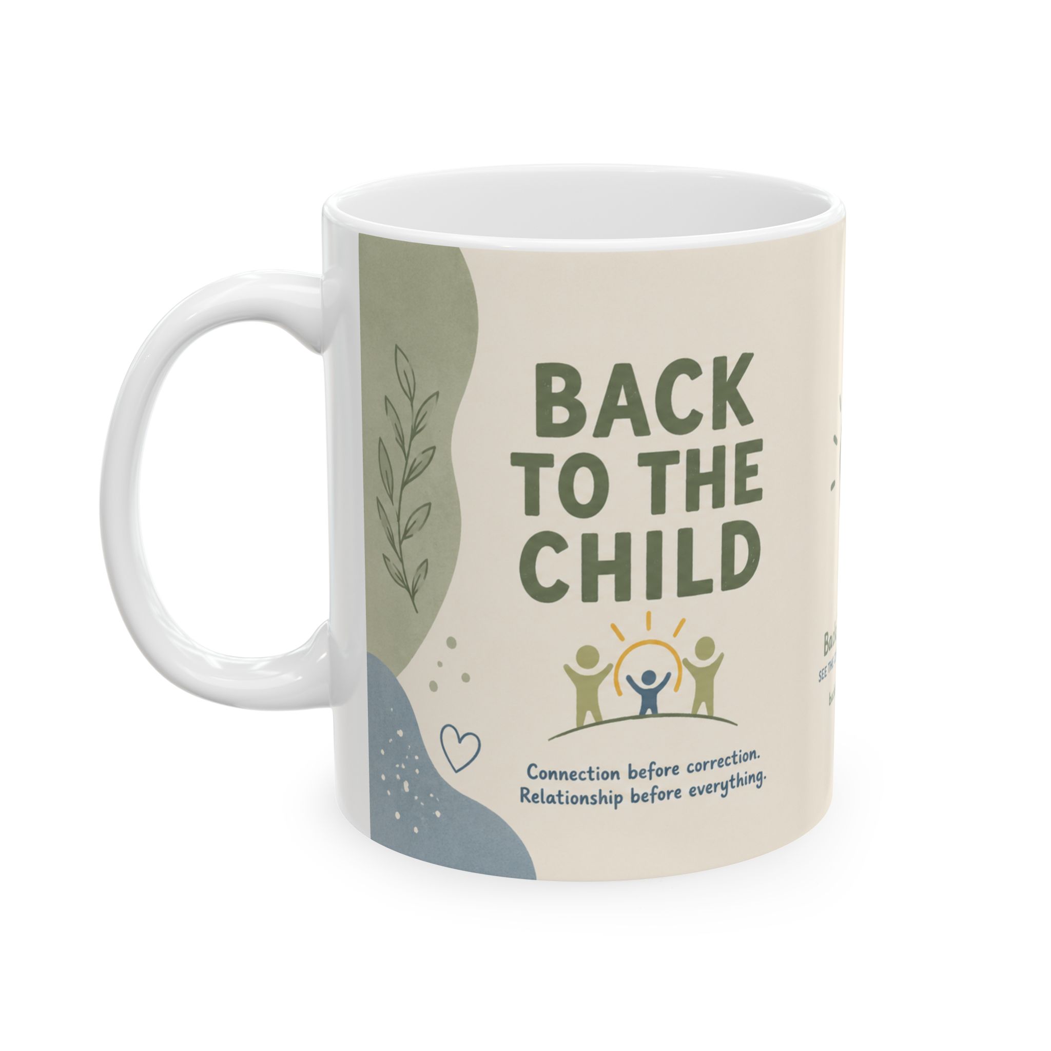 Left-side view of the mug showing the Back to the Child illustration and connection message